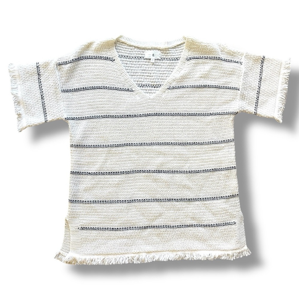 Lou & Grey Black White Cotton Striped Knit Fringe Short Sleeve Sweater X Small